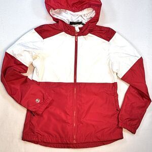 HOLLOWAY Ladies Hooded Windbreaker Red White Full Zip Jacket Mesh Lined